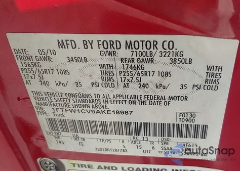 2010 Ford F-150 Fx2 Sport/Harley-Davidson/King Ranch/Lariat/Platinum/Xl/Xlt из США, поврежденный, VIN 1FTFW1CV9AKE18987